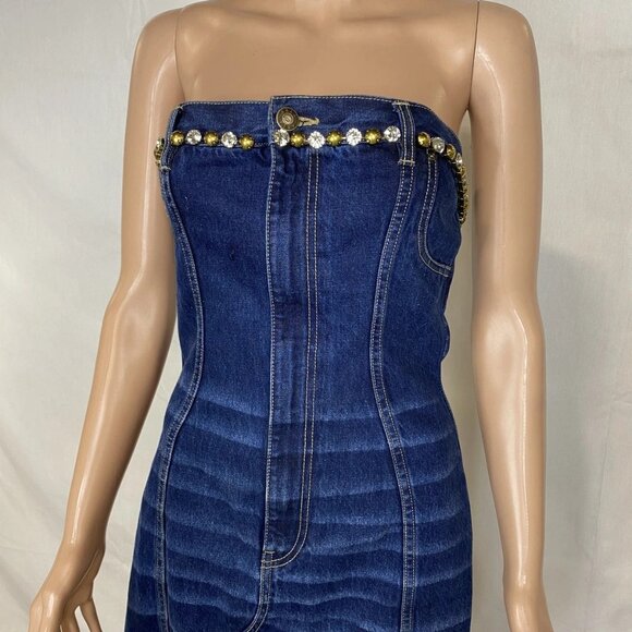 NEW AREA Women's Strapless Crystal Embellished Denim Mini Dress – Size 4 – Blue - Picture 12 of 13